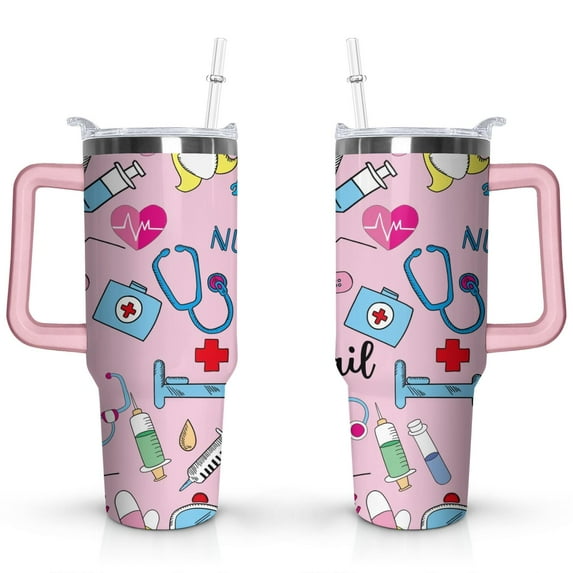 40oz Funny Nurse Life Stainless Steel Flip Straw Tumbler Spill Proof Travel Cup Double Wall Vacuum Insulated Coffee Mug with Handle
