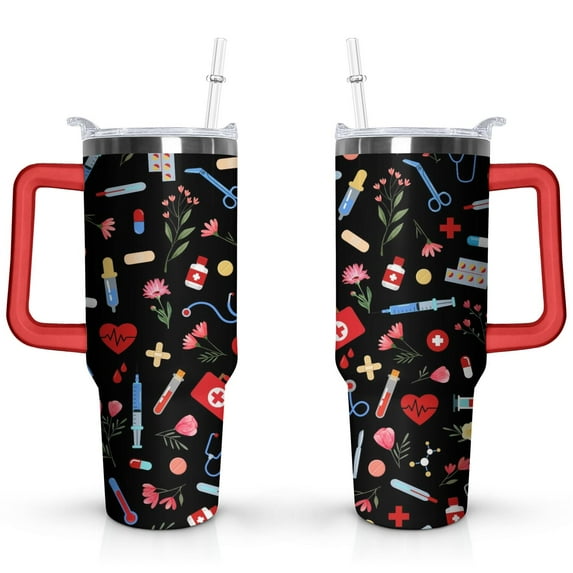 40oz Funny Nurse Life Stainless Steel Flip Straw Tumbler Spill Proof Travel Cup Double Wall Vacuum Insulated Coffee Mug with Handle