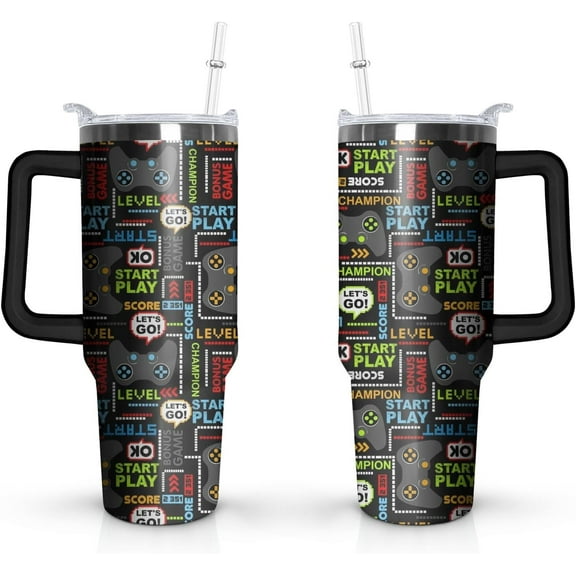 40oz Gamer Tumbler Neon Accent Mug - Food-Grade Stainless Steel Gaming Cup with Spill-Resistant Straw, Unique Gifts for Gaming Fans (Birthday Christmas Party Events)