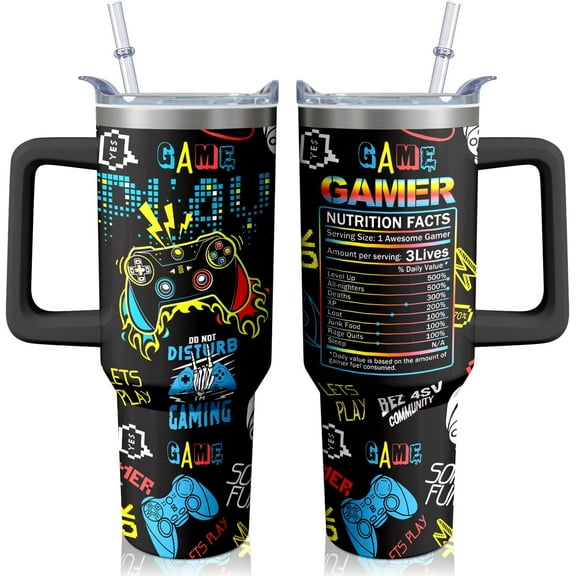 40oz Gamer Tumbler Neon Accent Mug - Food-Grade Stainless Steel Gaming Cup with Spill-Resistant Straw, Unique Gifts for Gaming Fans (Birthday Christmas Party Events)