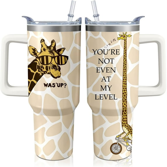 40oz Cute Giraffe Tumbler with Handle and Straw, Stainless Steel Vacuum Insulated Travel Mug, Animal Themed Water Bottle - Ideal Gift for Animal Lovers, Women & Men