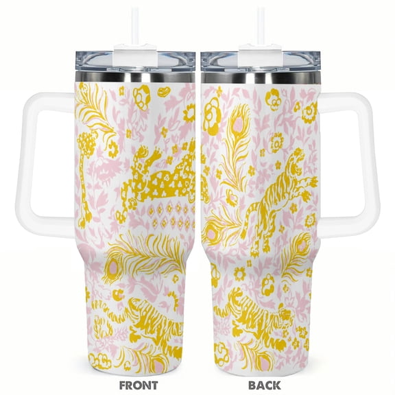 40oz Gold Tiger Floral Tumbler Insulated Car Cup Pink Botanical Travel Coffee Cup Gift for Women