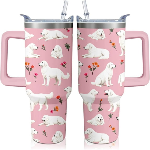 40oz Great Pyrenees Dog Tumbler with Handle and Straw, Funny Stainless Steel Insulated Cup with Lid and Straw, Travel Coffee Mug Water Bottle, Birthday Mothers Day Gifts for Women Men Animal Lovers