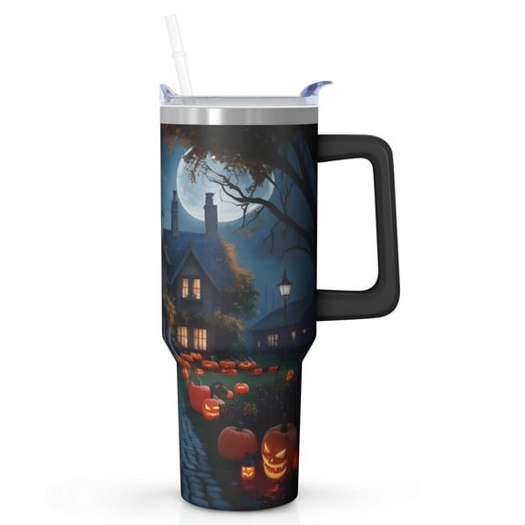 40oz Halloween Haunted House & Pumpkin Night Scene Tumbler with Handle, Straw Lid, Insulated, for Men & Women, Travel Mug