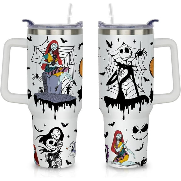 40oz Halloween Nightmare Before Tumbler with Handle Lid and Straw, Christmas Jack Skeleton Cup, Halloween Tumblers Gifts for Women Girls Men Adults