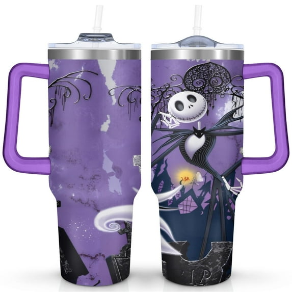 40oz Halloween Nightmare Before Stainless Steel Tumbler with Lid and Straw,Spill Proof Travel Christmas Jack Skeleton Cup Double Wall Vacuum Insulated Coffee Mug with Handle Purple