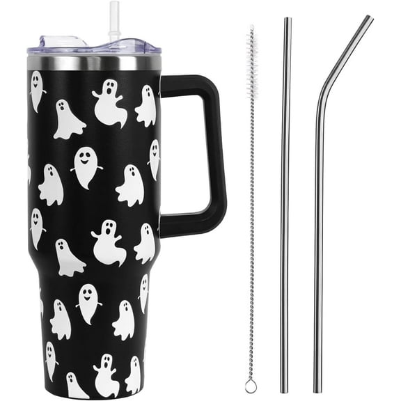 40oz Halloween Tumbler with Lid and Straw - Vacuum Insulated, Leak Proof Stainless Steel Cup - Spooky Ghost Design, Perfect Halloween Gift for Women and Girls