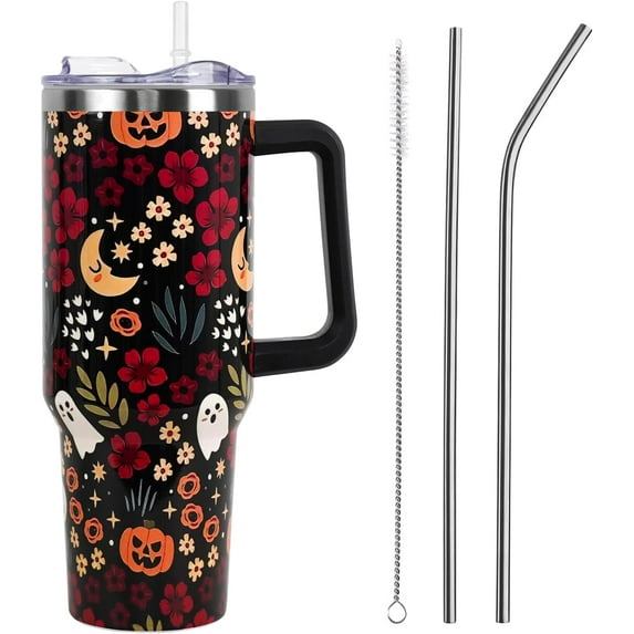 40oz Halloween Tumbler with Lid & Straw - Vacuum Insulated Stainless Steel Cup, Leak Proof - Skulls Ghosts Pumpkins Floral Design, Goth Cute Spooky Gift for Women Girls