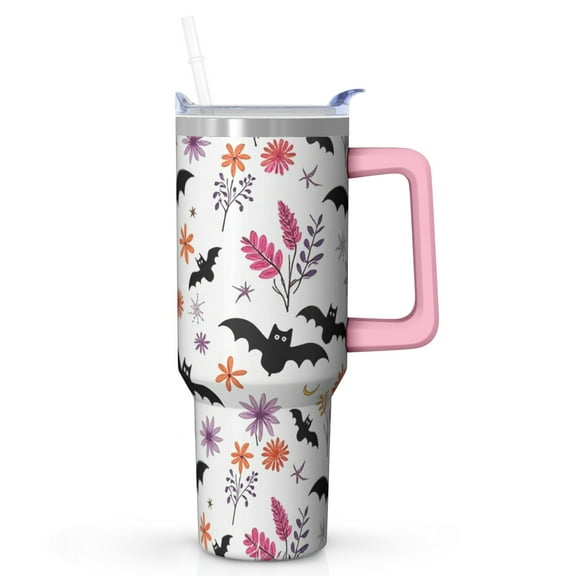 40oz Halloween Tumbler with Handle – Haunted Bat Drinkware with Lid and Straw – Creepy Theme Travel Cup – Party Gifts Coffee Mug