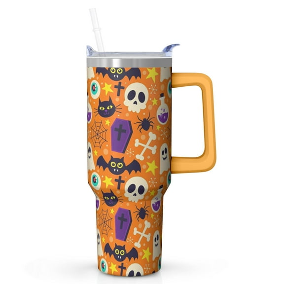 40oz Halloween Tumbler with Handle – Skeleton Bat Drinkware with Lid and Straw – Creepy Theme Travel Cup – Birthday Gifts Coffee Mug