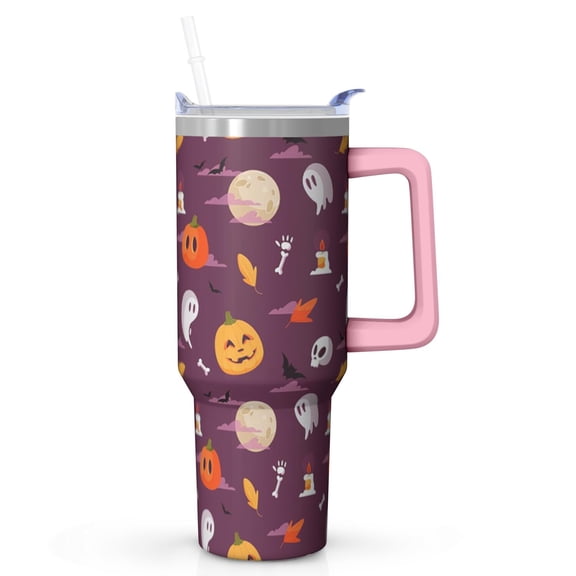 40oz Halloween Tumbler with Handle – Skeleton Pumpkin Haunted Drinkware with Lid and Straw – Gothic Travel Cup – Trick or Treat Gifts