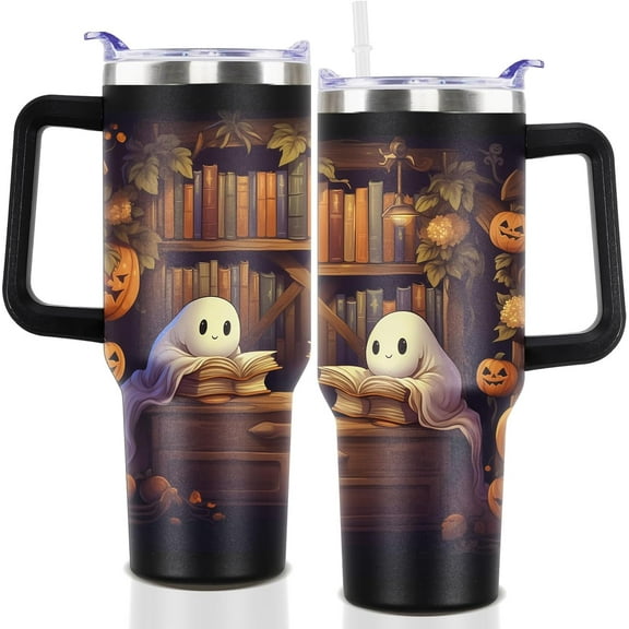 40oz Halloween Tumbler with Lid and Straw, Ghost Cute Halloween Cups, Spooky Halloween Travel Coffee Cup with Handle for Birthday Party Gifts