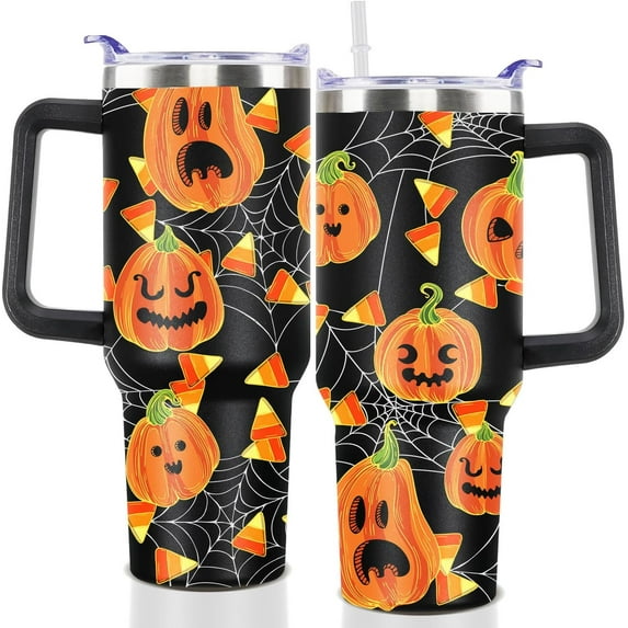 40oz Halloween Tumbler with Lid and Straw, Pumpkin Halloween Theme Cups, Spooky Halloween Travel Coffee Cup with Handle for Birthday Party Gifts