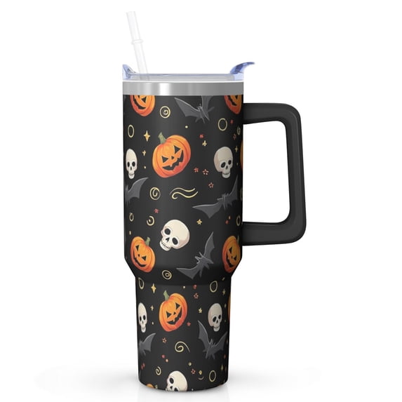 40oz Halloween Tumbler with Straw and Lid Skull Pumpkin Travel Coffee Tumbler Cup with Handle for Halloween Birthday Gifts