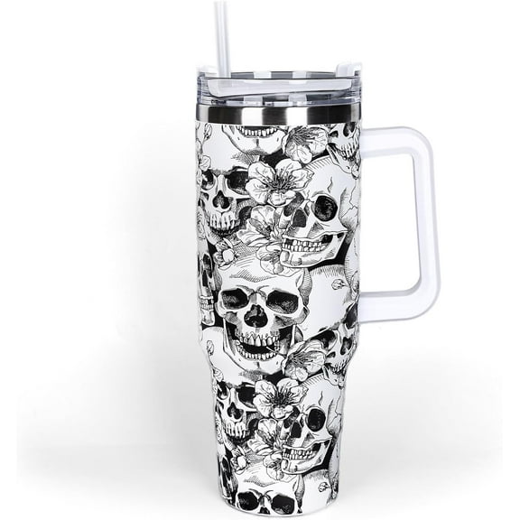 40oz Halloween Tumbler with Straw and Lid Skull Travel Coffee Tumbler Cup with Handle for Trick or Treat Birthday Party Gifts