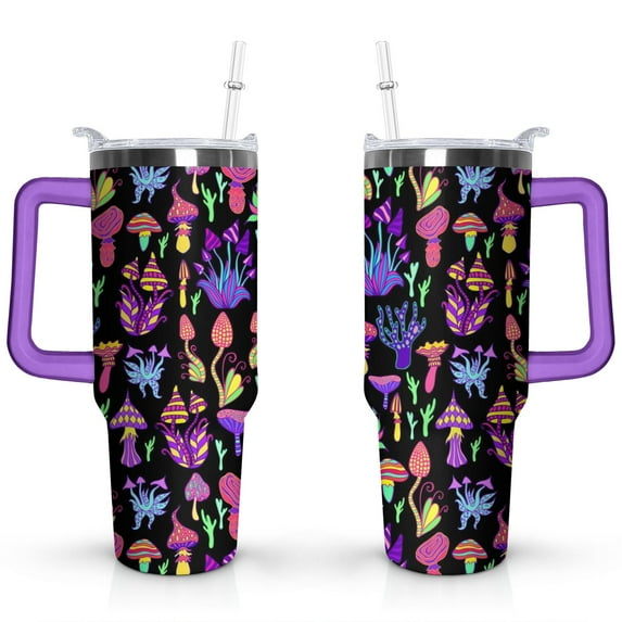 40oz Hallucinogenic Trippy Fantastic Mushrooms Stainless Steel Flip Straw Tumbler Spill Proof Travel Cup Double Wall Vacuum Insulated Coffee Mug with Top Handle