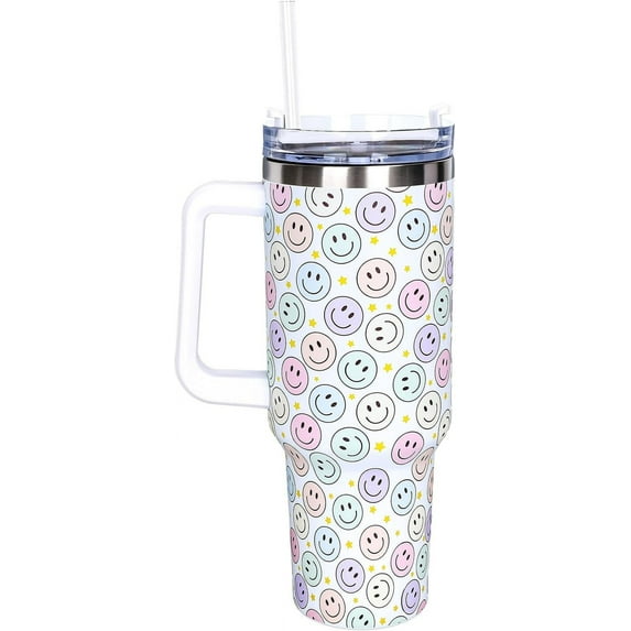 40oz Happy Face Tumbler with Handle Straw and Lid Smile Face Travel Coffee Tumbler Cup for Women Friend Holiday Birthday Gift