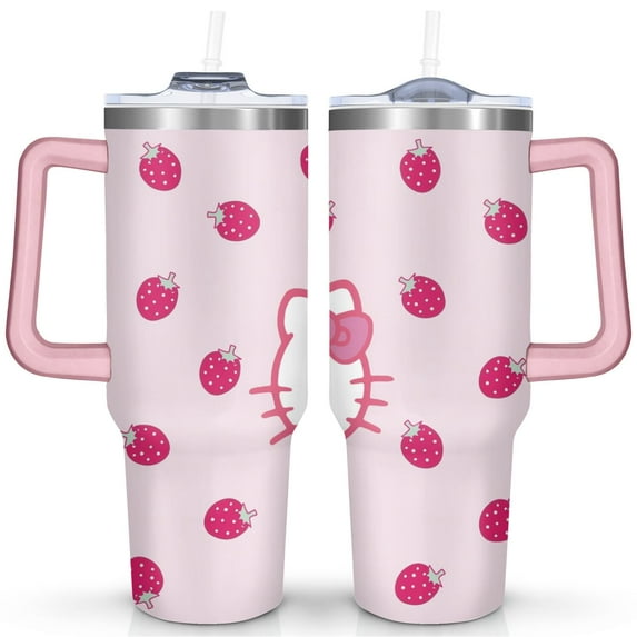 40oz Hello Kawaii Cat Cute Stainless Steel Tumbler with Lid and Straw,Spill Proof Travel Cup Double Wall Vacuum Insulated Coffee Mug with Handle Pink