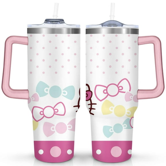 40oz Hello Kawaii Cat Cute Stainless Steel Tumbler with Lid and Straw,Spill Proof Travel Cup Double Wall Vacuum Insulated Coffee Mug with Handle Pink