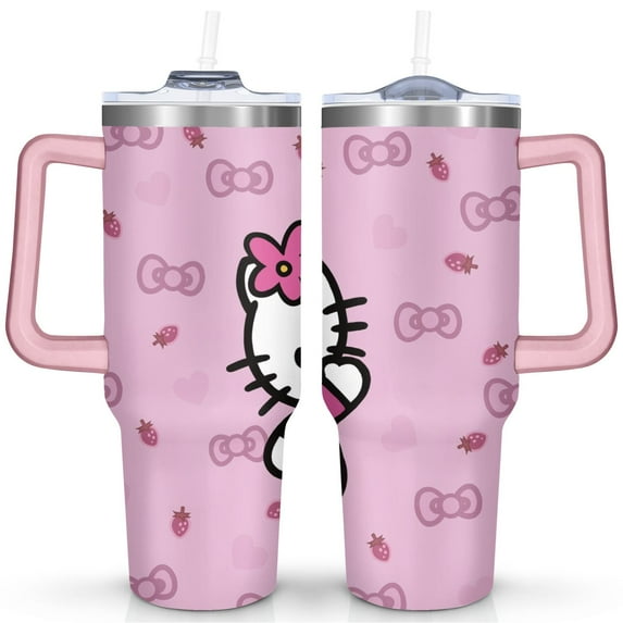 40oz Hello Kawaii Cat Cute Stainless Steel Tumbler with Lid and Straw,Spill Proof Travel Cup Double Wall Vacuum Insulated Coffee Mug with Handle Pink