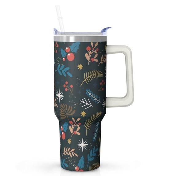 40oz Holiday Tumbler with Lid and Straw, Stainless Steel Cup with Handle Snowflakes Travel Coffee Mug, Xmas Gifts