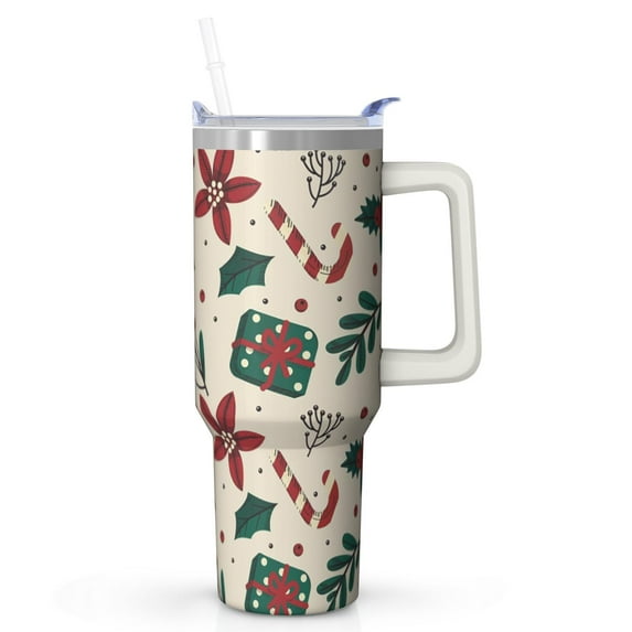 40oz Holiday Tumbler with Straw Handle Leak Proof Stainless Steel Cup Christmas Coffee Water Bottle Gifts