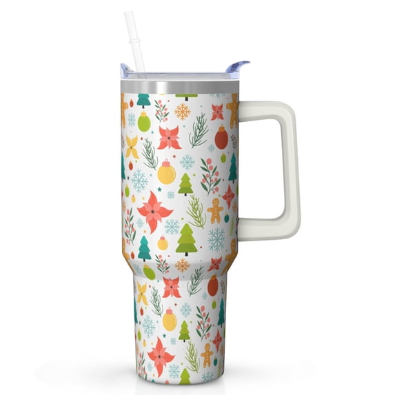 40oz Holiday Tumbler with Straw and Handle, Christmas Tree Stainless Steel Insulated Cup Gifts for Women Men