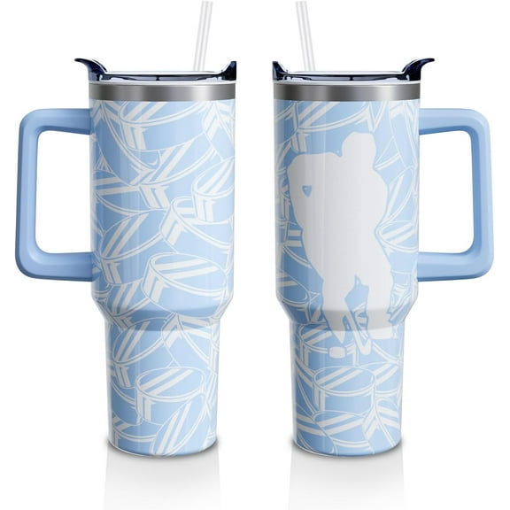 40oz Insulated Tumbler with Handle & Straw Lid - Ice Hockey Themed Stainless Steel Water Bottle - Perfect Coach Gift for Men, Hockey Players & Fans (Blue Hockey Design)