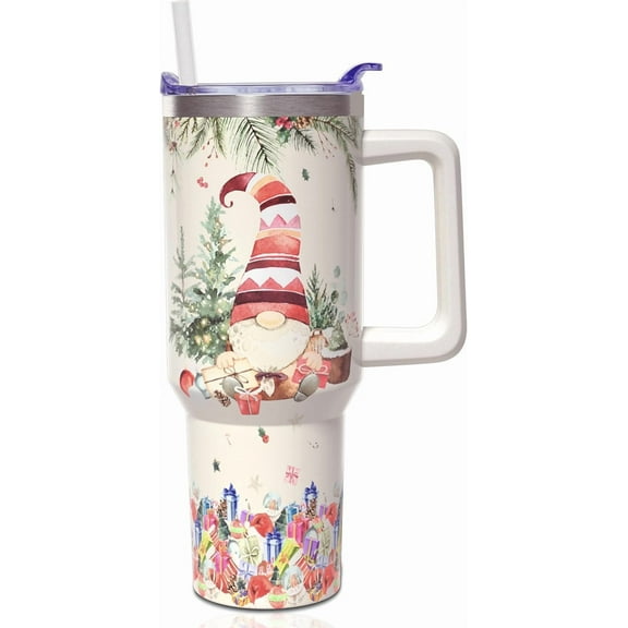 40oz Insulated Christmas Gnome Tumbler with Handle & Straw - Stainless Steel, Leak Proof Lid - Reusable Gift for Women
