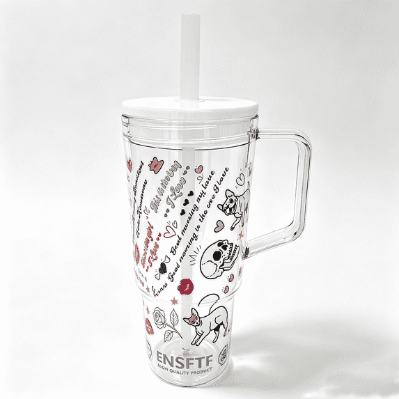 40oz Insulated Clear Tumbler with Handle and Lid & Straw, Reusable Travel Mug for Cold and Hot Drinks, Double-Wall Plastic Water Bottle | Crystal-Clear | Car Cup Holder Fit | Leakproof | BPA-Free