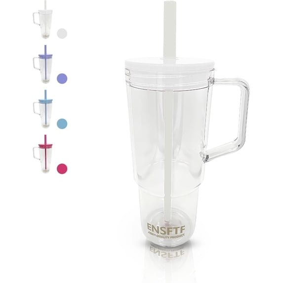40oz Insulated Clear Tumbler with Handle and Lid & Straw, Reusable Travel Mug for Cold and Hot Drinks, Double-Wall Plastic Water Bottle | Crystal-Clear | Car Cup Holder Fit | Leakproof | BPA-Free