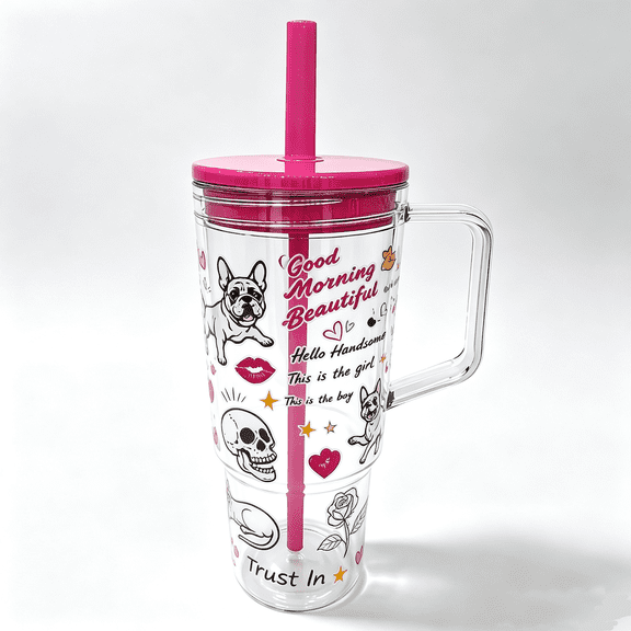 40oz Insulated Clear Tumbler with Handle and Lid & Straw, Reusable Travel Mug for Cold and Hot Drinks, Double-Wall Plastic Water Bottle | Crystal-Clear | Car Cup Holder Fit | Leakproof | BPA-Free