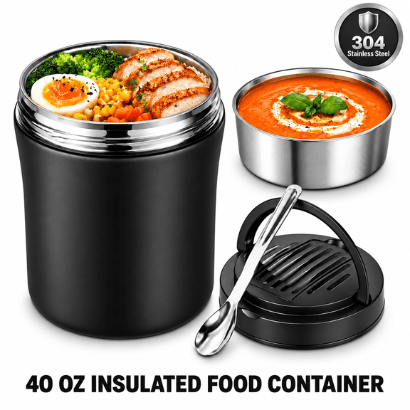 40oz Insulated Food Container, Leakproof Wide Mouth Stainless Steel Vacuum Insulated Food Container, 304 Stainless Steel Soup Container with Portable Handle for Travel and Daily Use