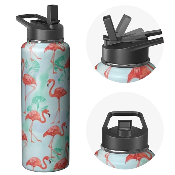 40oz Insulated Stainless Steel Sports Flamingo Themed Water Bottle Flamingo Themed Design Wide Mouth Handle Lid Double Walled Leak Proof Keeps Cold 24H Hot 12H