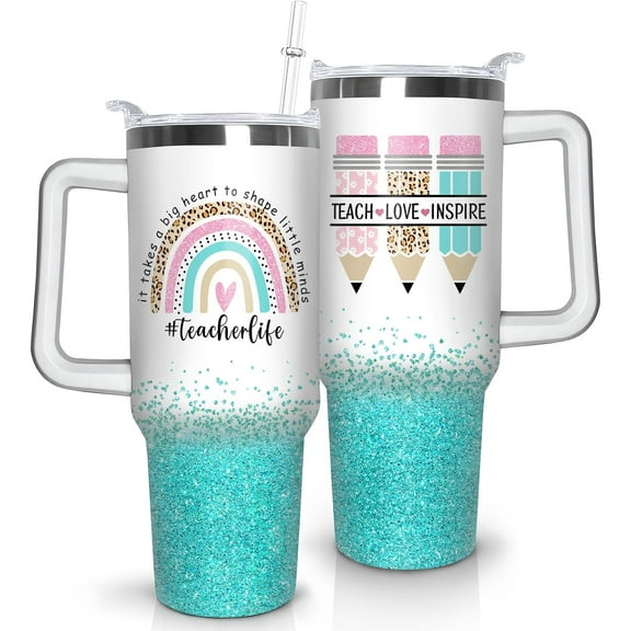 40oz Insulated Stainless Steel Teacher Tumbler with Handle - Leakproof Travel Coffee Mug for Classroom, School - Perfect Teacher Appreciation, Graduation, Christmas, Thanksgiving Gifts