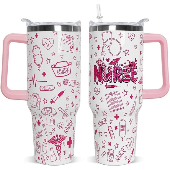 40oz Insulated Stainless Steel Tumbler Cup for Nurses - Leakproof, Double-Wall Vacuum, Keeps Hot/Cold - Perfect Nurse Gift for Women, Graduation, Appreciation, Nurses Week (Handle & Straw Included)