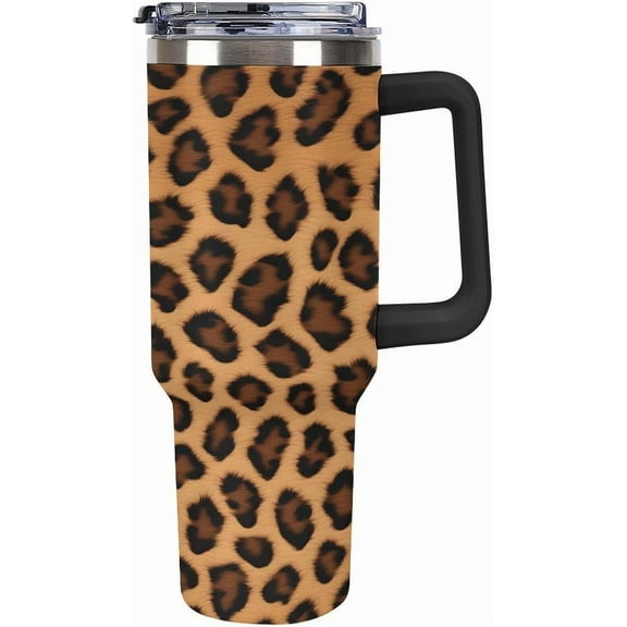 40oz Insulated Stainless Steel Tumbler with Handle, Abstract Brown Leopard Print Leakproof Water Bottles Travel Mug with Lid And Straw for Water, Iced Tea Or Coffee for Most Car Cup Holder