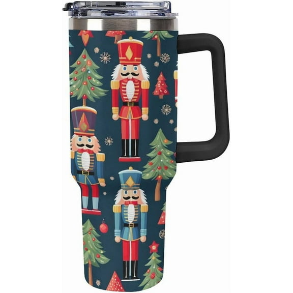 40oz Insulated Stainless Steel Tumbler with Handle, Christmas Nutcracker Tree Leakproof Water Bottles Travel Mug with Lid And Straw for Water, Iced Tea Or Coffee for Most Car Cup Holder