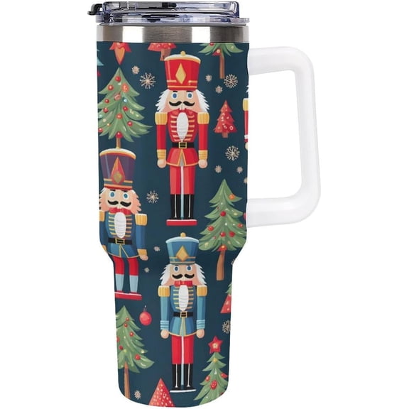 40oz Insulated Stainless Steel Tumbler with Handle, Christmas Nutcracker Tree Leakproof Water Bottles Travel Mug with Lid And Straw for Water, Iced Tea Or Coffee for Most Car Cup Holder