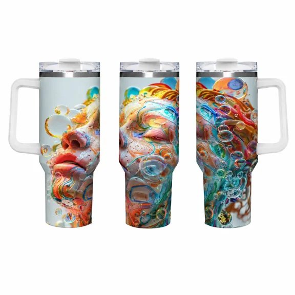 40oz Insulated Stainless Steel Tumbler with Handle & Straw, Multicolor Fluid Swirl Bubble Abstract Human Face Full-Wrap Modern Art Print, Double-Wall Leakproof Bottles for Psychedelic Art Lovers