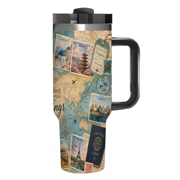 40oz Insulated Tumbler Cup,World Tourism Postcard Trail,Stainless Steel Water Bottle and Travel Mug for Car Cup Holder,Leak Resistant Reusable Cup for Office,Gym,Travel