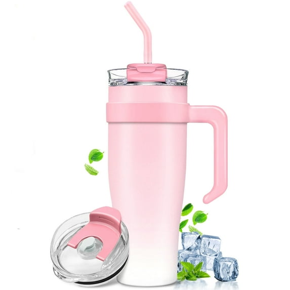 40oz Insulated Tumbler with Handle and Straw & 2-1Lid, Stainless Steel Vacuum Flask - Leakproof & Fits Car Cup Holders,Coffee Mug, Large Capacity Cold/Hot Water Bottle for Camping,Office,Travel
