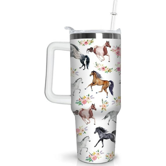 40oz Insulated Tumbler with Handle and Straw - Floral Horse Design Stainless Steel Travel Mug, Vacuum Sealed for Hot & Cold Drinks - Perfect Horse Lover Gift for Women and Girls