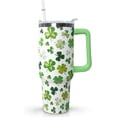 thumbnail image 1 of 40oz Insulated Tumbler with Handle, Green Irish Shamrocks Design - St. Patrick''s Day Decor & Gift for Women, 1 of 6