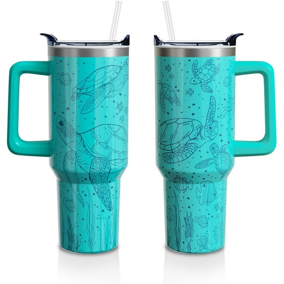 40oz Insulated Tumbler with Handle & Straw Lid - Stainless Steel Vacuum Water Bottle Cup - Sea Turtle Design Gift for Men Women