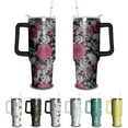 thumbnail image 1 of 40oz Insulated Tumbler with Handle & Straw, Skull & Gothic Floral Stainless Steel Cup, Travel Coffee Mug & Water Bottle, Halloween Gift for Men Women, 1 of 6
