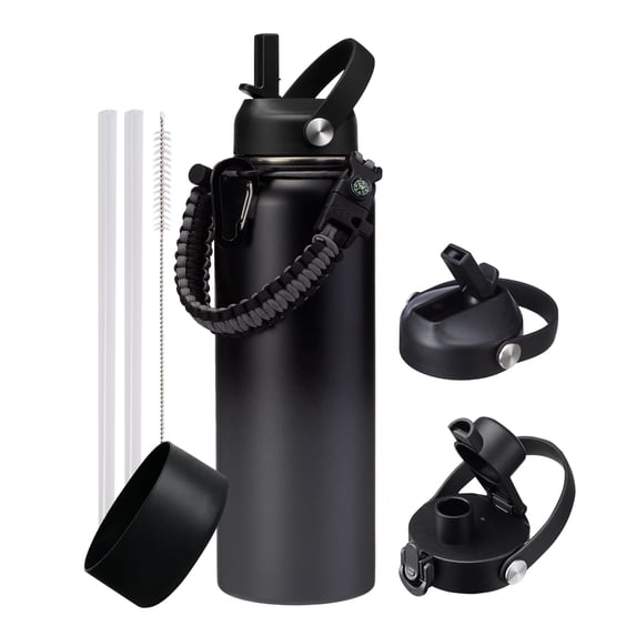 40oz Stainless Steel Water Bottle with Straw & Spout Lids, Vacuum Insulated Flask with Paracord Handle, Leakproof