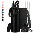 thumbnail image 1 of 40oz Insulated Water Bottle Flask - with Straw & Auto Spout Lid, Strap Sleeve, Paracord Handle, Black Metal Thermal Jug for Fitness Sports Hiking, 1 of 9
