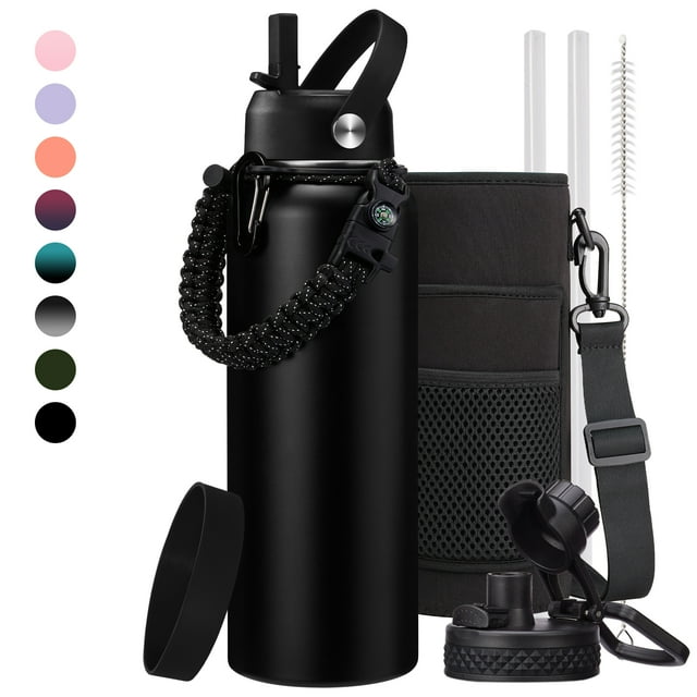40oz Insulated Water Bottle Flask - with Straw & Auto Spout Lid, Strap Sleeve, Paracord Handle, Black Metal Thermal Jug for Fitness Sports Hiking