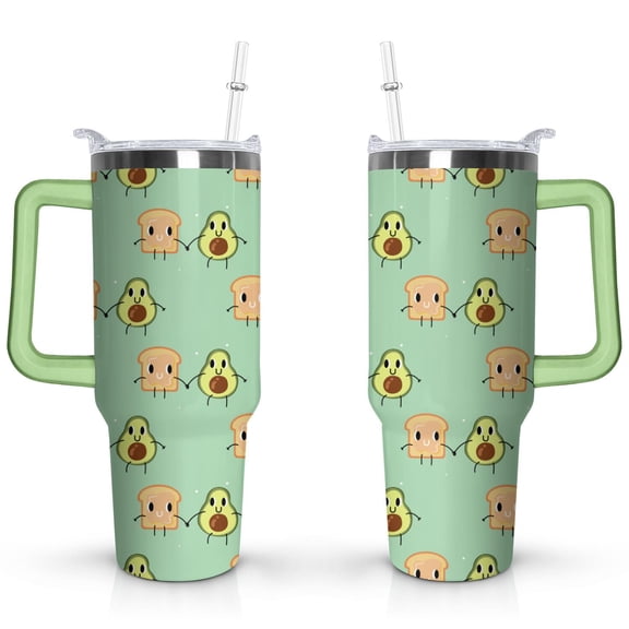 40oz Kawaii Green Avocado Design Stainless Steel Flip Straw Tumbler Spill Proof Travel Cup Double Wall Vacuum Insulated Coffee Mug with Top Handle